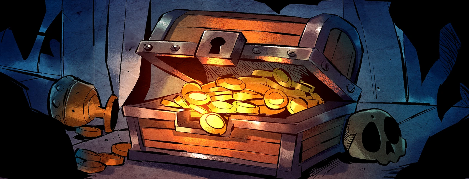 A glowing treasure chest surrounded by relics and adventure